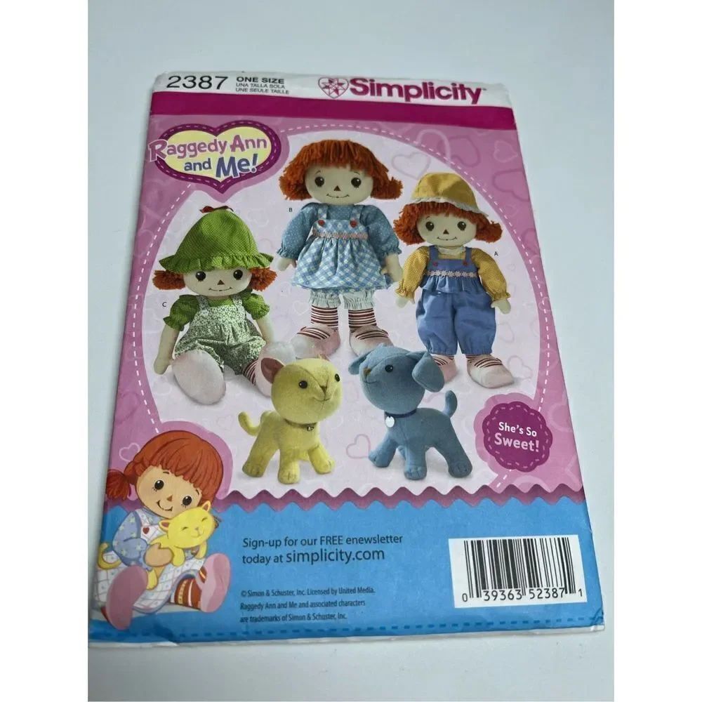 Simplicity 2397 Raggedy Ann and Me 16" Doll & clothes & dog cat  Sewing Pattern